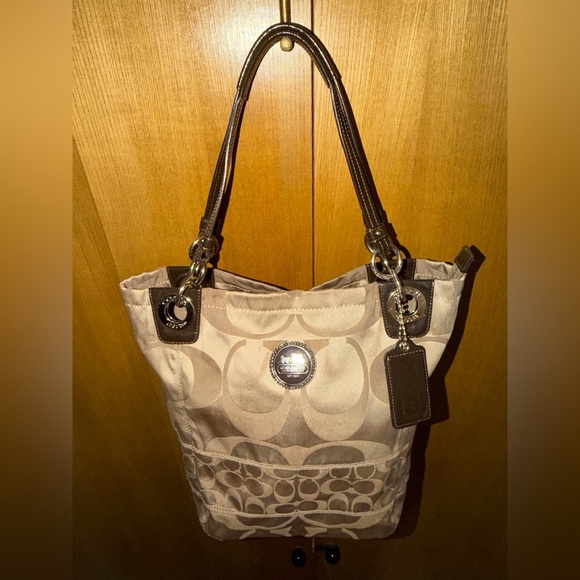 Coach Signature Stripe Khaki Satin Tote Bag Brown Leather Trim Style 14449 - Picture 12 of 16